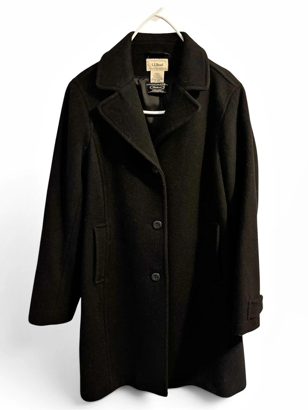 L.L.Bean Primaloft Bellandi Italy Wool Blend Black Pea Coat Size 12
